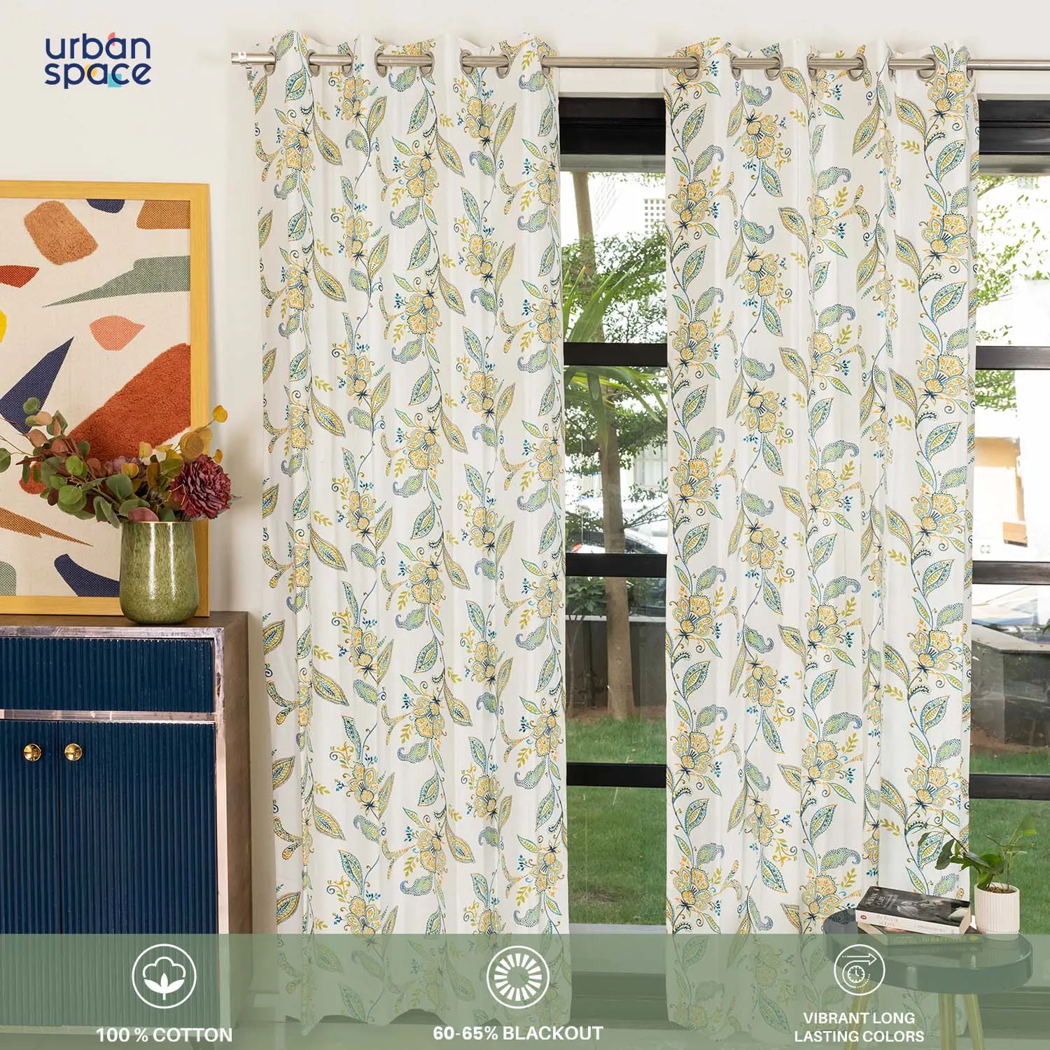 100% Cotton Curtains for Living Room, Bedroom curtains - Pack of 2 curtains, Iris Blue