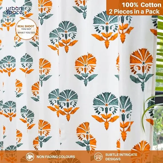 100% Cotton Curtains for Living Room, Bedroom curtains - Pack of 2 curtains, Owl Orchids - Mango