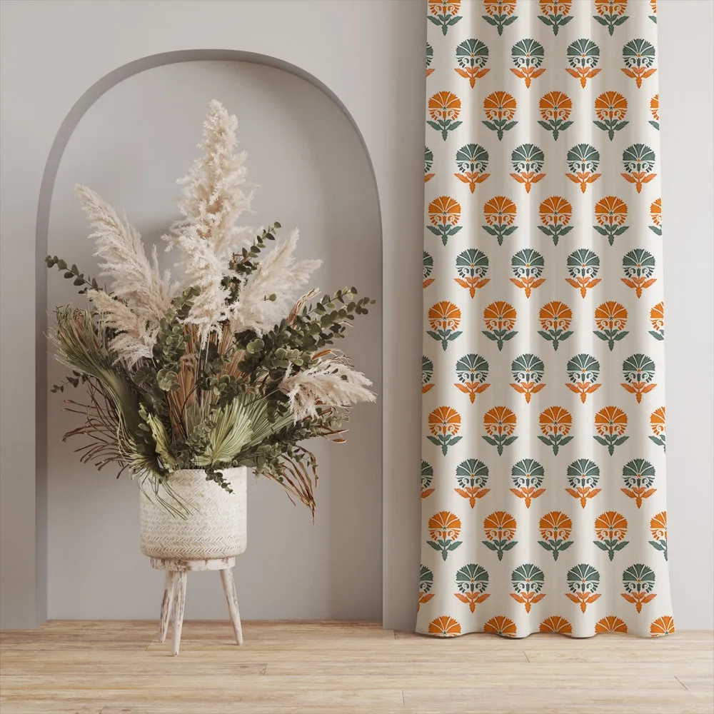 100% Cotton Curtains for Living Room, Bedroom curtains - Pack of 2 curtains, Owl Orchids - Mango