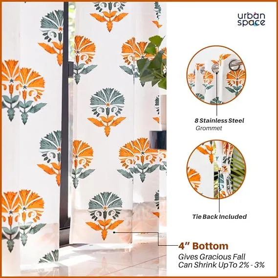 100% Cotton Curtains for Living Room, Bedroom curtains - Pack of 2 curtains, Owl Orchids - Mango