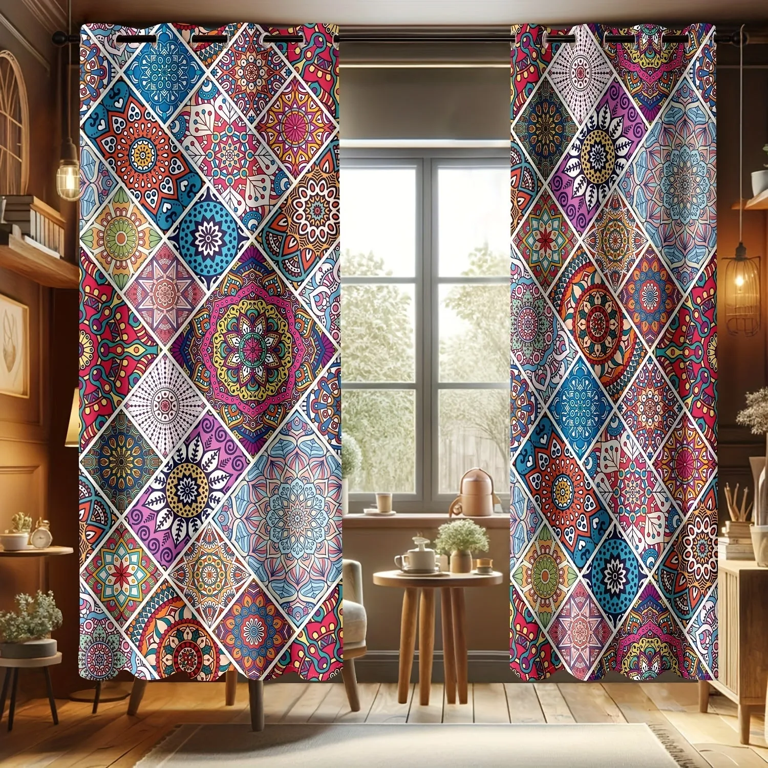 2 Pieces Of 260g/s Digital Printed Thickened Blackout Window Decoration Cover Fabric, Bohemian Style Curtains, Ethnic Style Geometric Exotic Perris Style Suitable For Living Rooms, Bedrooms, Corridors, Dust-proof Storage