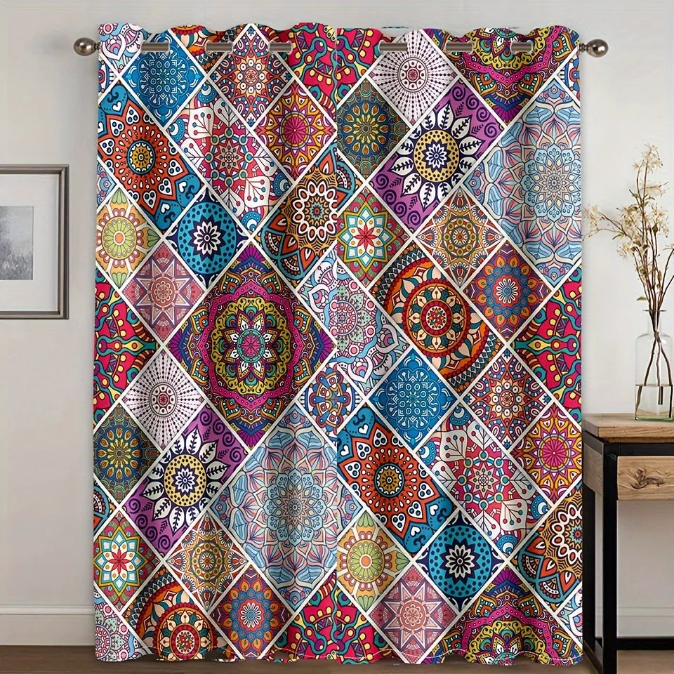 2 Pieces Of 260g/s Digital Printed Thickened Blackout Window Decoration Cover Fabric, Bohemian Style Curtains, Ethnic Style Geometric Exotic Perris Style Suitable For Living Rooms, Bedrooms, Corridors, Dust-proof Storage