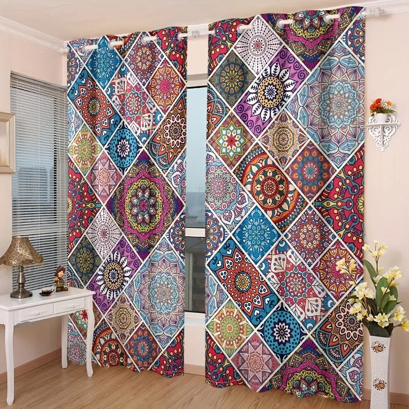 2 Pieces Of 260g/s Digital Printed Thickened Blackout Window Decoration Cover Fabric, Bohemian Style Curtains, Ethnic Style Geometric Exotic Perris Style Suitable For Living Rooms, Bedrooms, Corridors, Dust-proof Storage