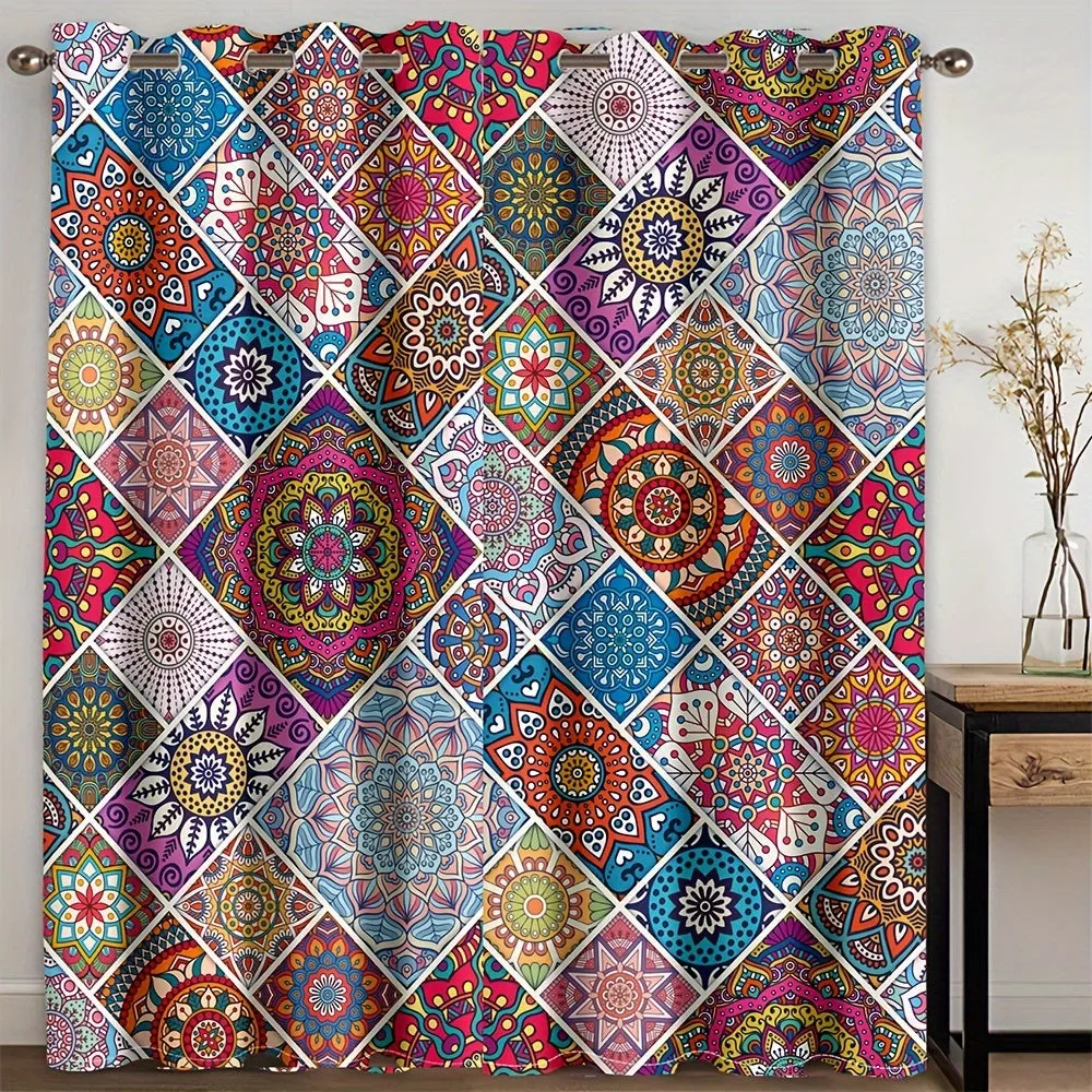 2 Pieces Of 260g/s Digital Printed Thickened Blackout Window Decoration Cover Fabric, Bohemian Style Curtains, Ethnic Style Geometric Exotic Perris Style Suitable For Living Rooms, Bedrooms, Corridors, Dust-proof Storage