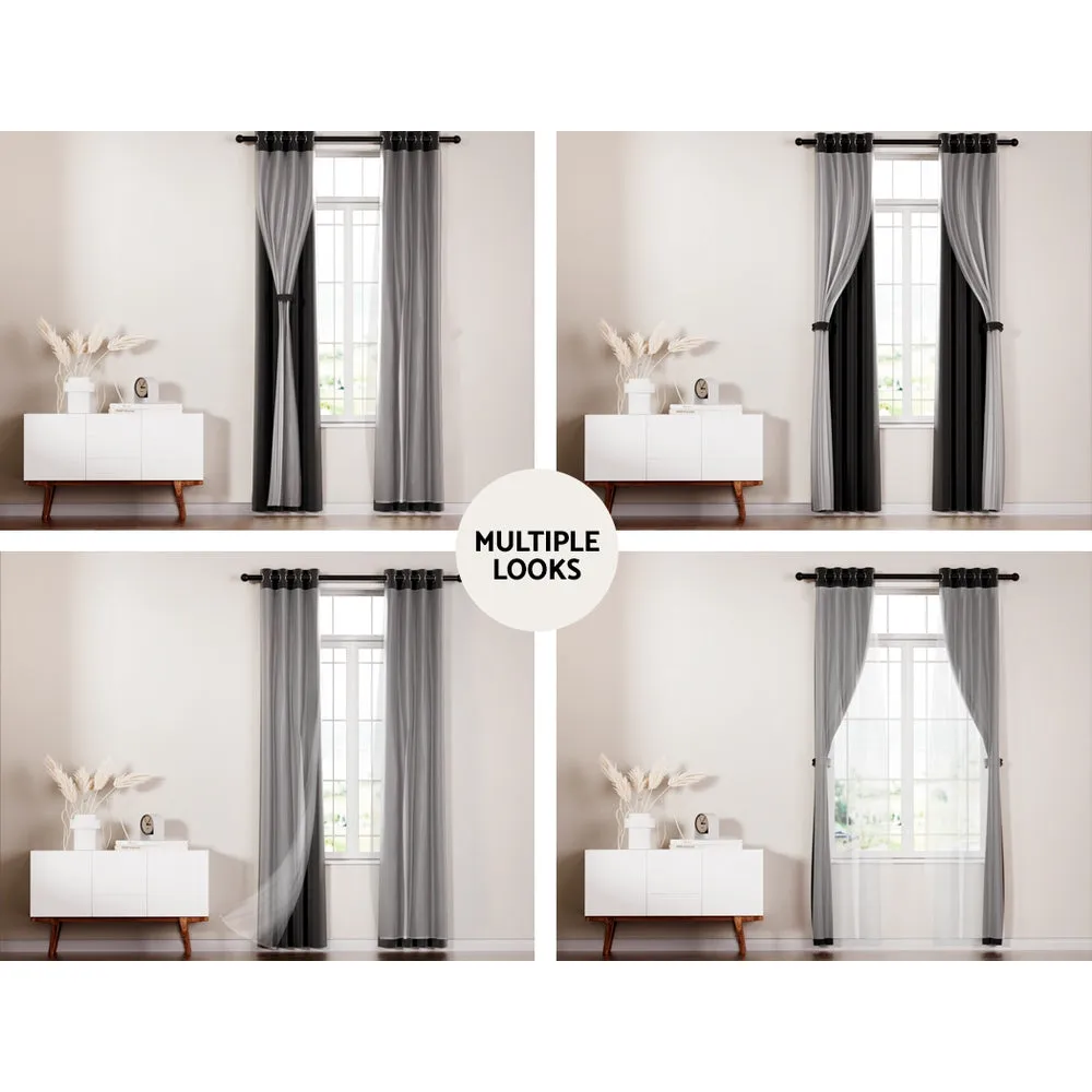 2x Thermal Blockout Sheer Curtains 132x304cm Black Artiss