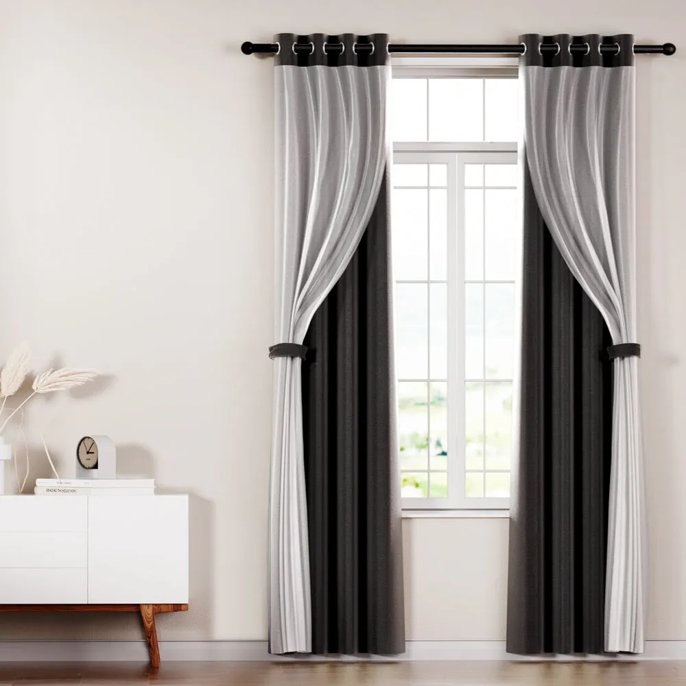 2x Thermal Blockout Sheer Curtains 132x304cm Black Artiss