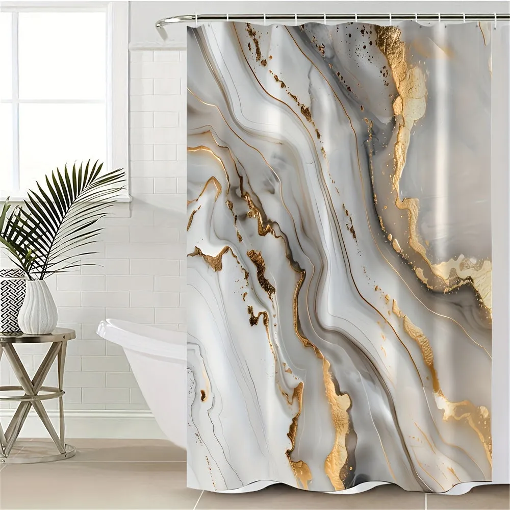 4pcs Marble Patterned Bathroom Curtains, Digital 3D Printing Waterproof Bathroom Curtain Set, Non Perforated Bathroom Curtains