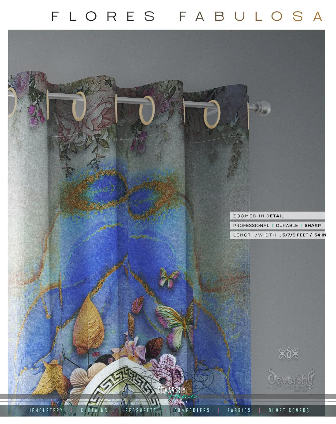 Abstract Blue Floral PREMIUM Curtain Panel. Available on 12 Fabrics. Made to Order. 10008C