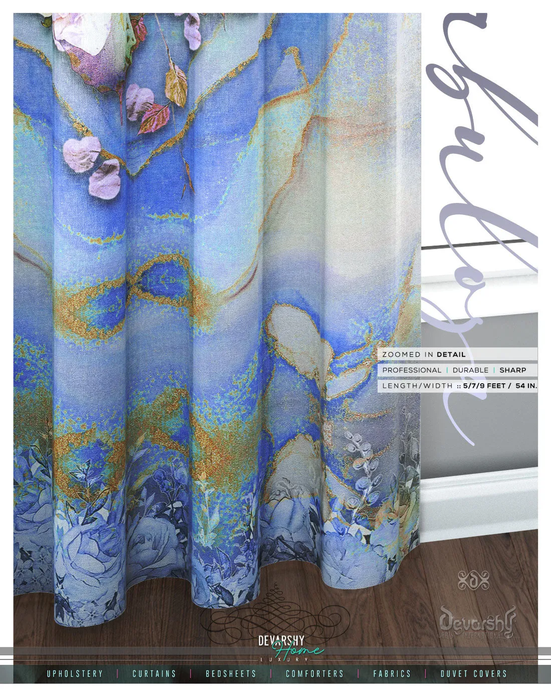 Abstract Blue Floral PREMIUM Curtain Panel. Available on 12 Fabrics. Made to Order. 10008C