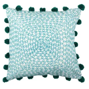 Aqua Embroidered Pom Pom Square Indoor/Outdoor Pillow