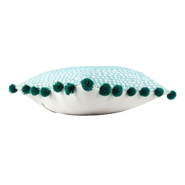 Aqua Embroidered Pom Pom Square Indoor/Outdoor Pillow