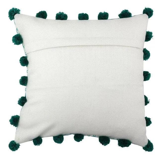 Aqua Embroidered Pom Pom Square Indoor/Outdoor Pillow