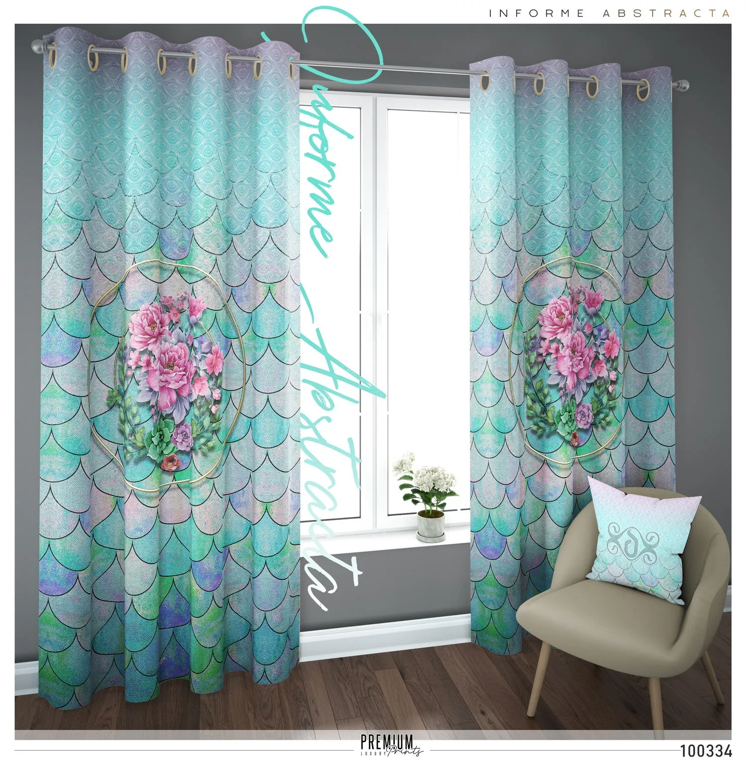 Aqua Scallops Pattern PREMIUM Curtain Panel. Available on 12 Fabrics. Made to Order. 100334