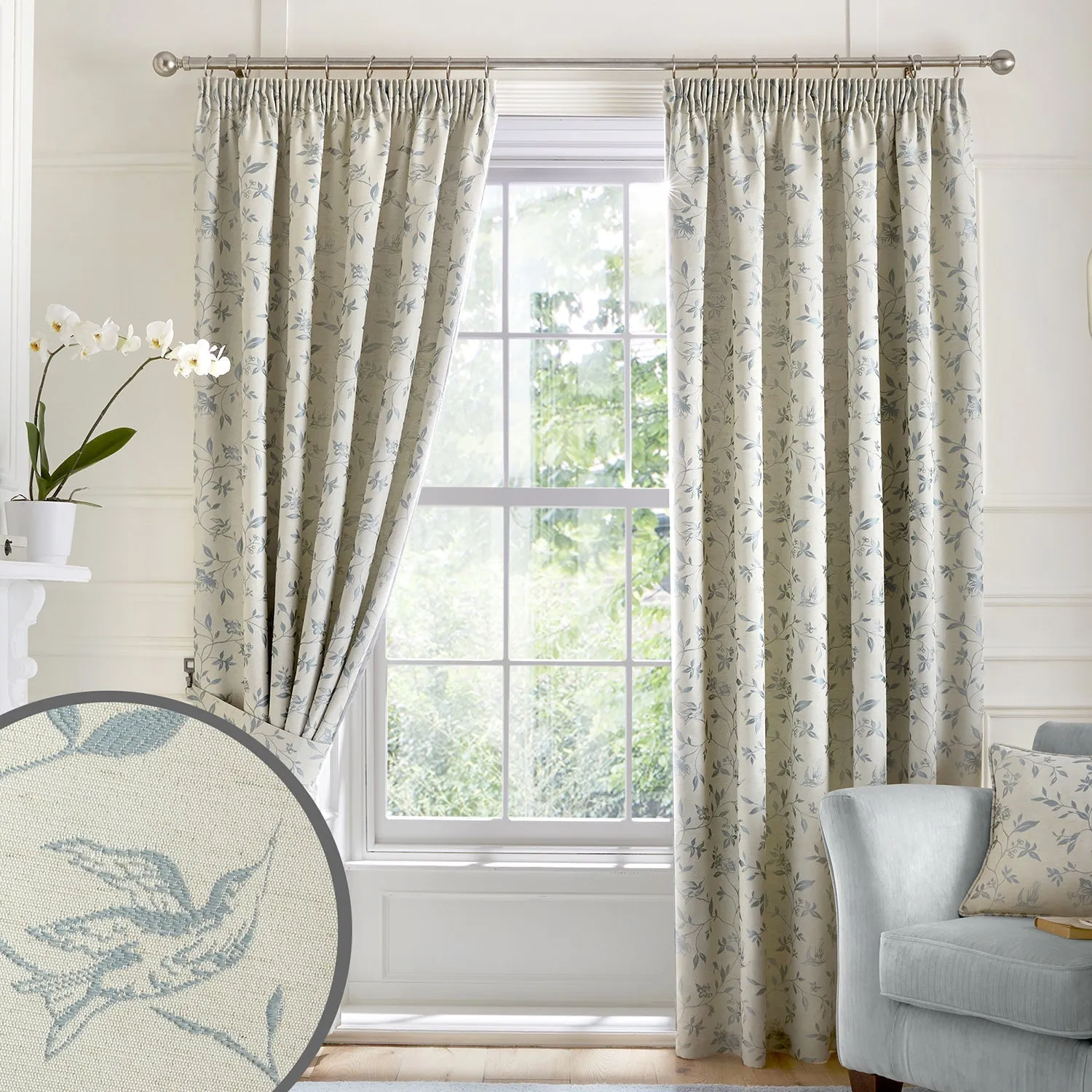 Bird Trail Duck Egg Jacquard Pencil Pleat Curtains