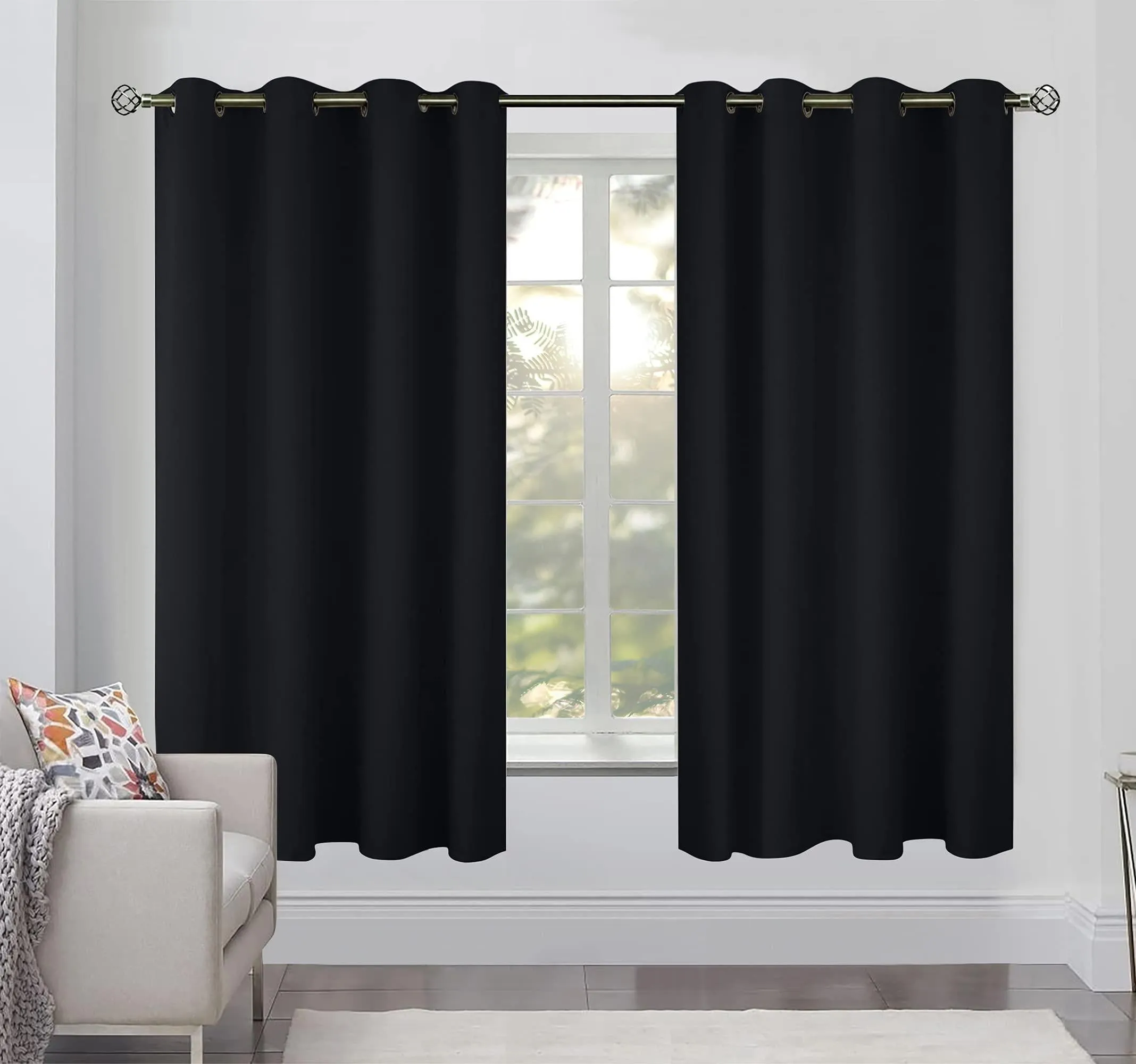 Blackout Curtains for Bedroom Pack of 2 Window Hanging Panels 52x63 in Black