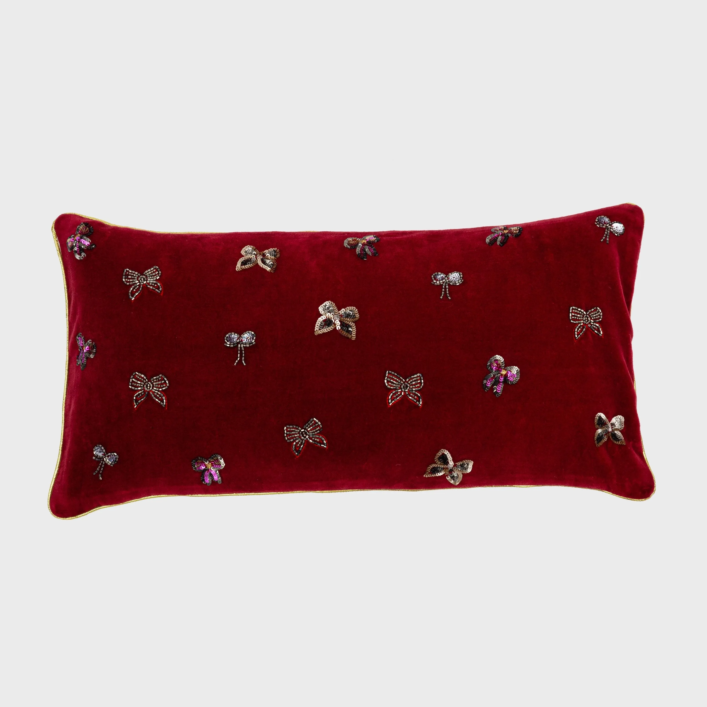 Bow pillow, red cotton velvet