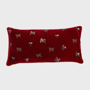 Bow pillow, red cotton velvet