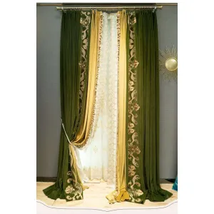 Brittany Luxury Designer Velvet Curtain - Lush Green & Yellow