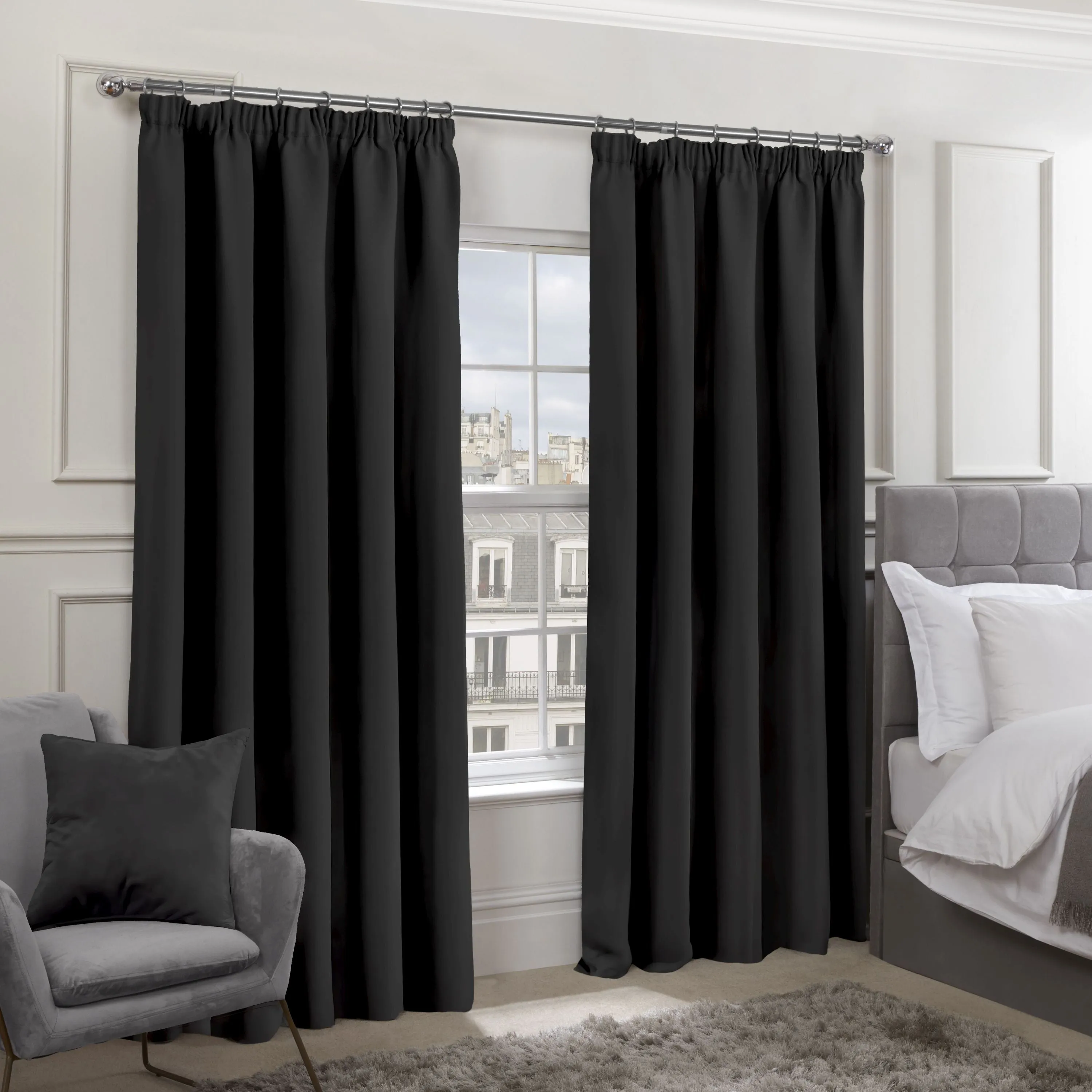 Cali Black Thermal Blackout Pencil Pleat Curtains