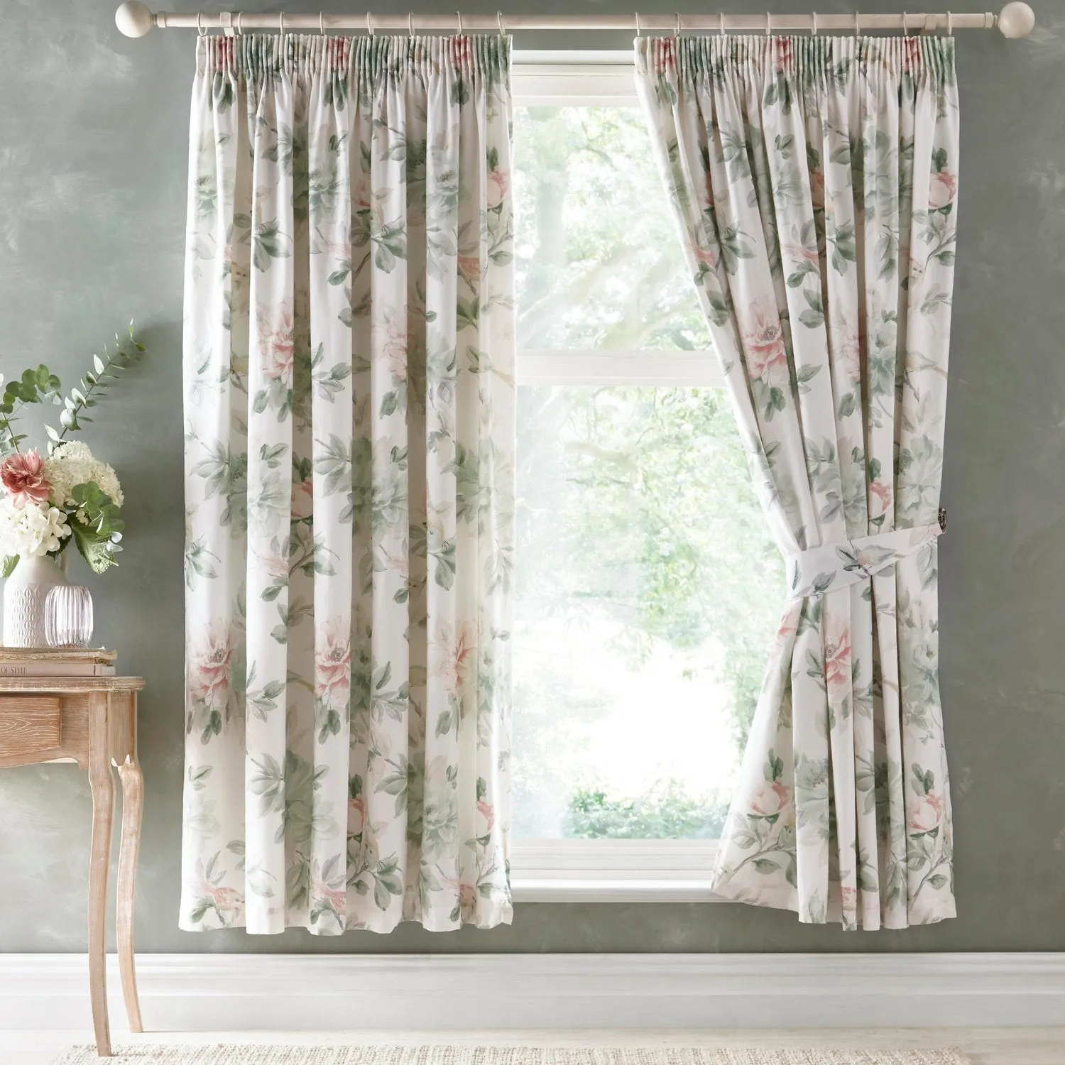 Campion Green Floral Cotton Pencil Pleat Curtains