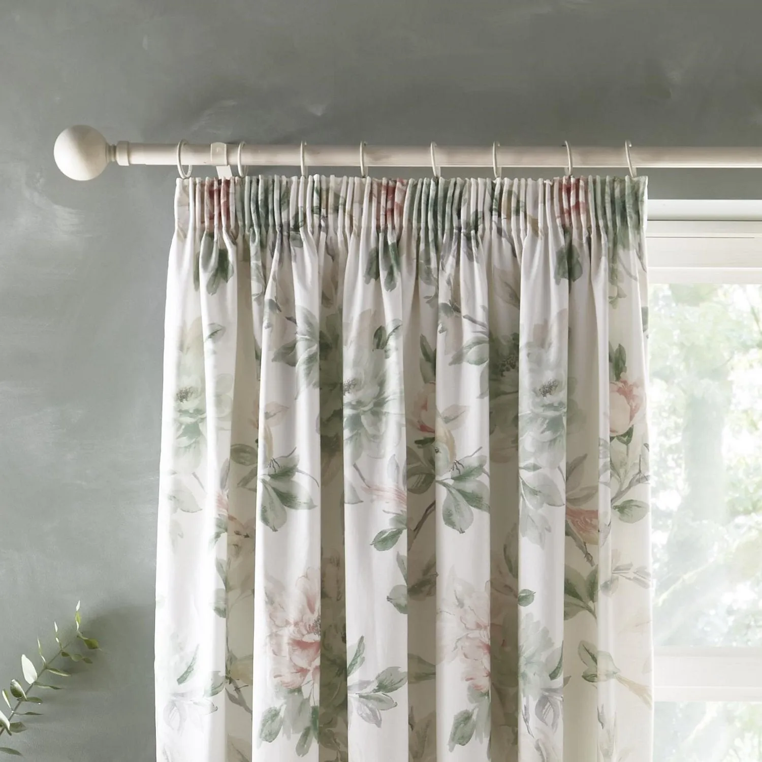 Campion Green Floral Cotton Pencil Pleat Curtains