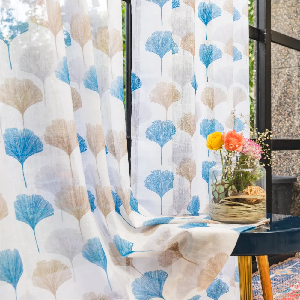 Digital Printed, Linen textured Sheer Curtain for Living Room , Curtain for Window/Door, Pack of 2 Curtains - Mushroom Blue