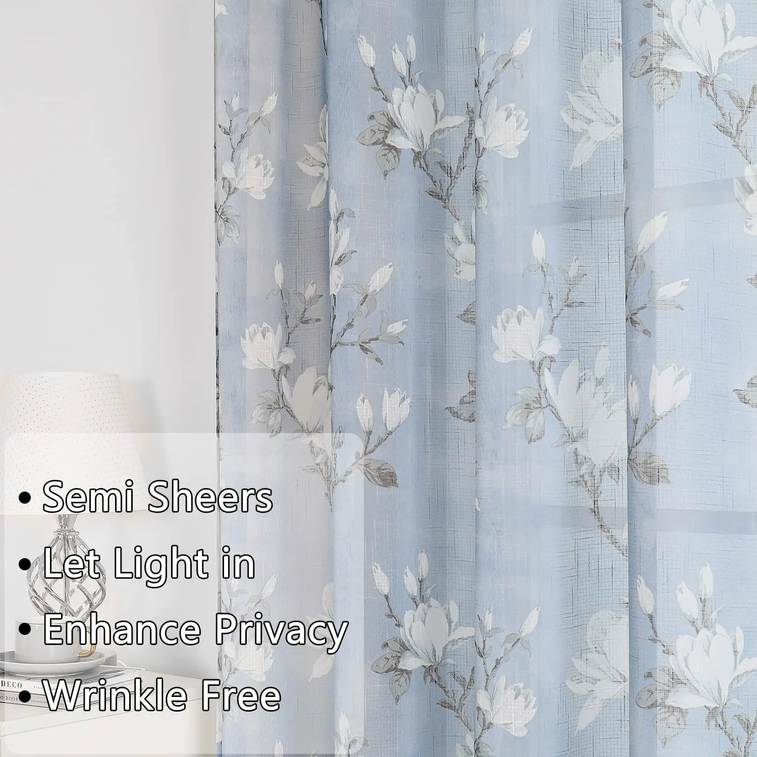 Digital Printed, Linen textured Sheer Curtain for Living Room , Curtain for Window/Door, Pack of 2 Curtains - Tulip Blue