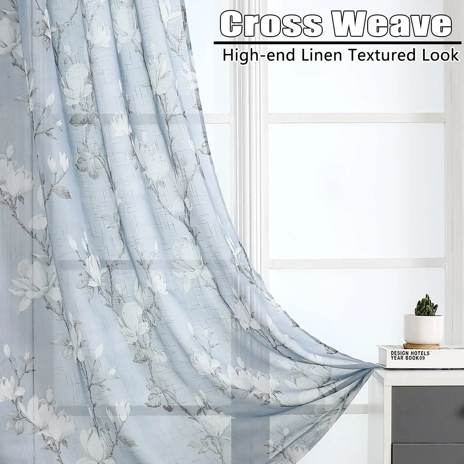 Digital Printed, Linen textured Sheer Curtain for Living Room , Curtain for Window/Door, Pack of 2 Curtains - Tulip Blue