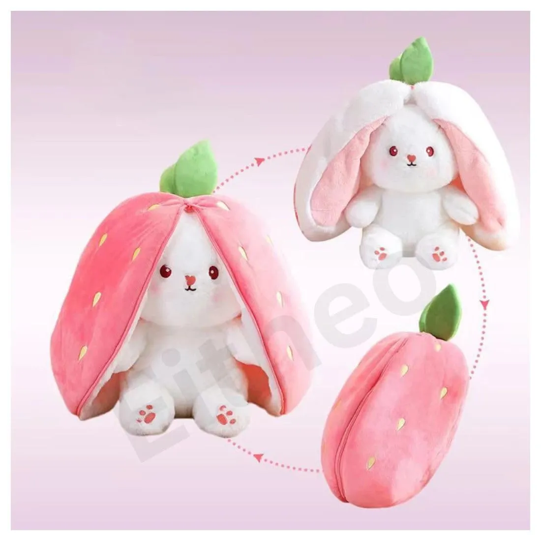 EITHEO Reversible Bunny Stuffed Toy - Soft Strawberry Bunny Plush – Cute Plushies Gift for Girls & Kids – Versatile Soft Rabbit Toy, Pillow (35 cm)