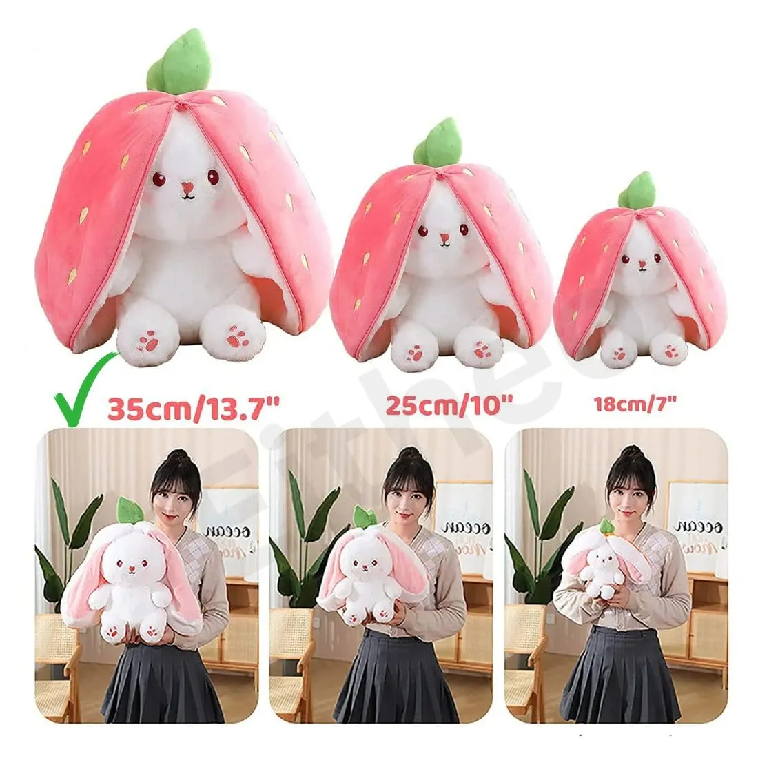 EITHEO Reversible Bunny Stuffed Toy - Soft Strawberry Bunny Plush – Cute Plushies Gift for Girls & Kids – Versatile Soft Rabbit Toy, Pillow (35 cm)