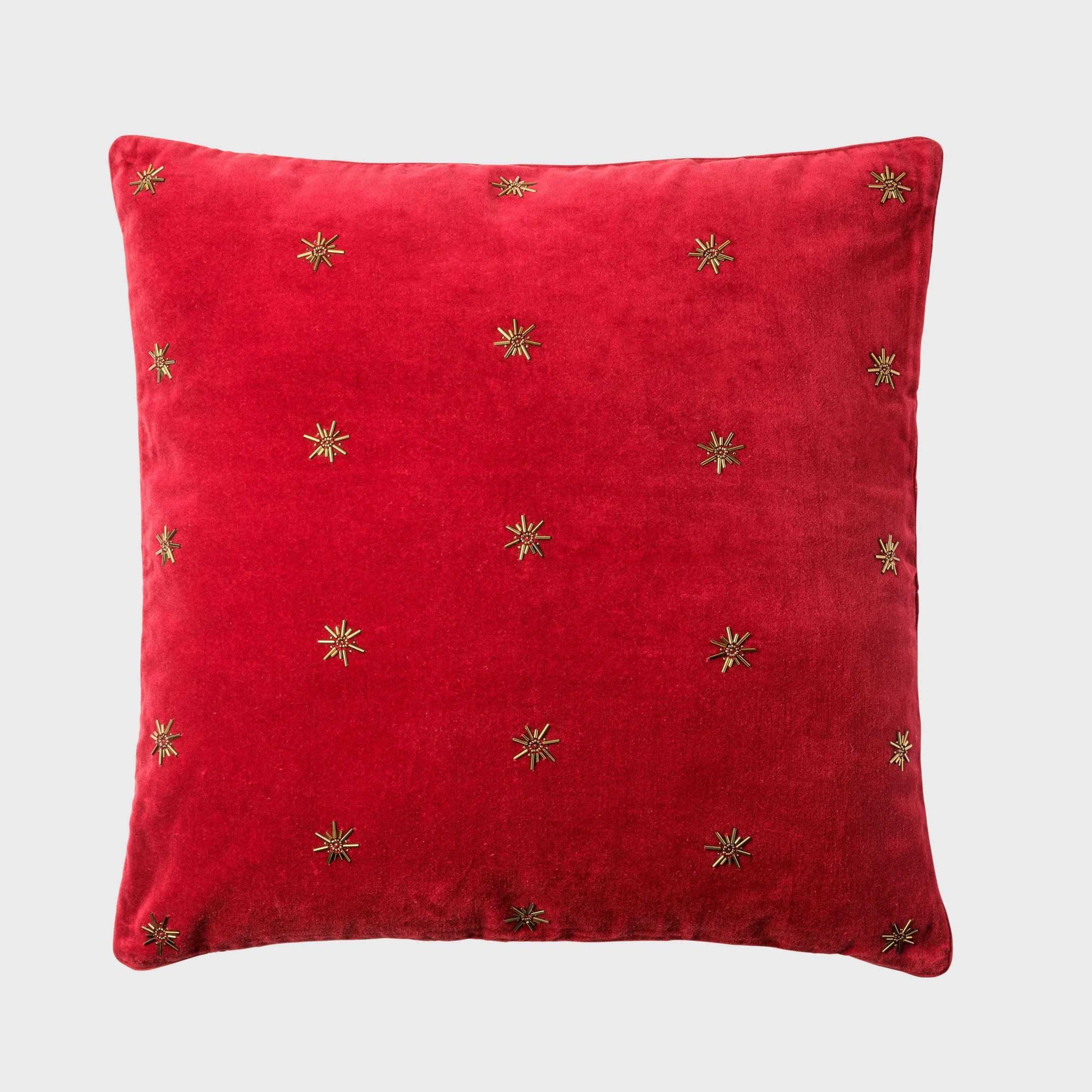 Embroidered star pillow cover, red cotton velvet