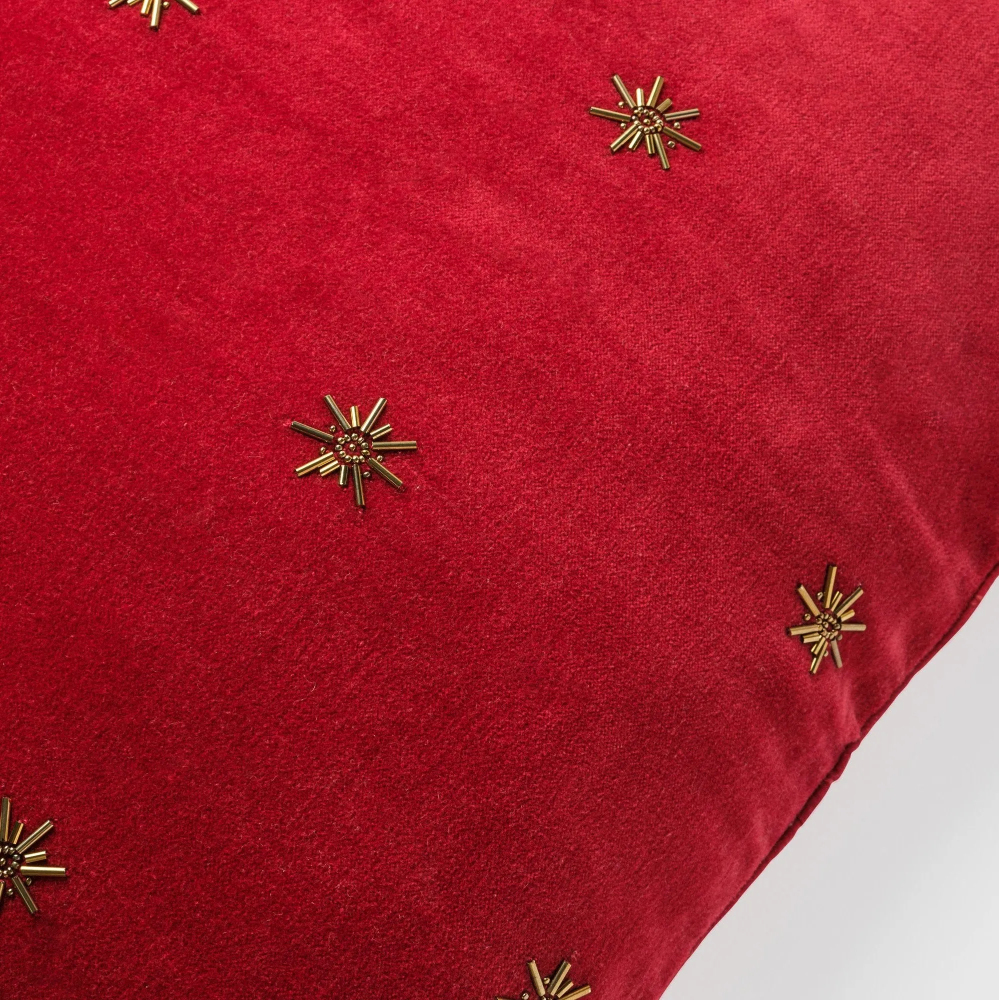 Embroidered star pillow cover, red cotton velvet