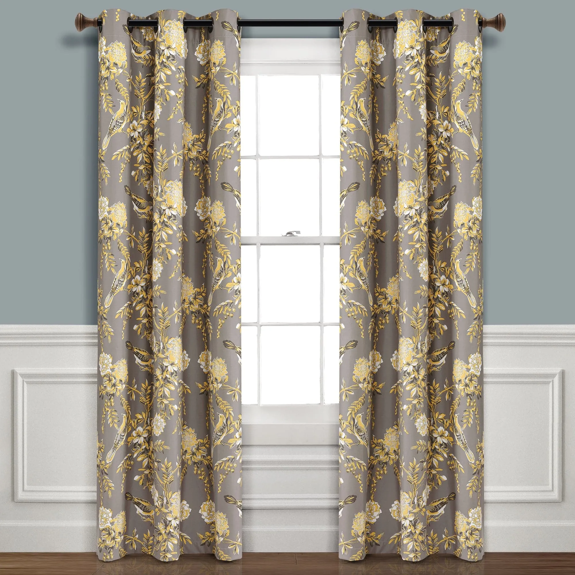 Farmhouse Bird And Flower Insulated Grommet Blackout Window Curtain Panel Set