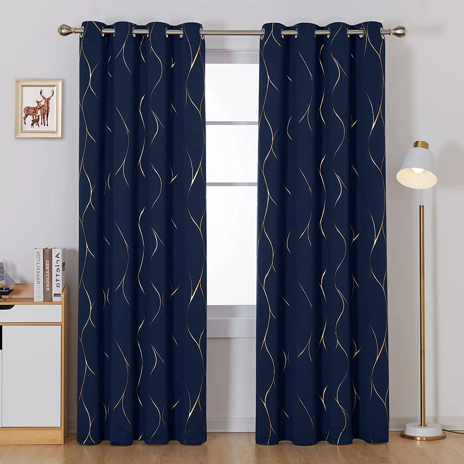 Gold Foil Printed 80-85% Blackout Curtains - Pack of 1 Curtain - Wave