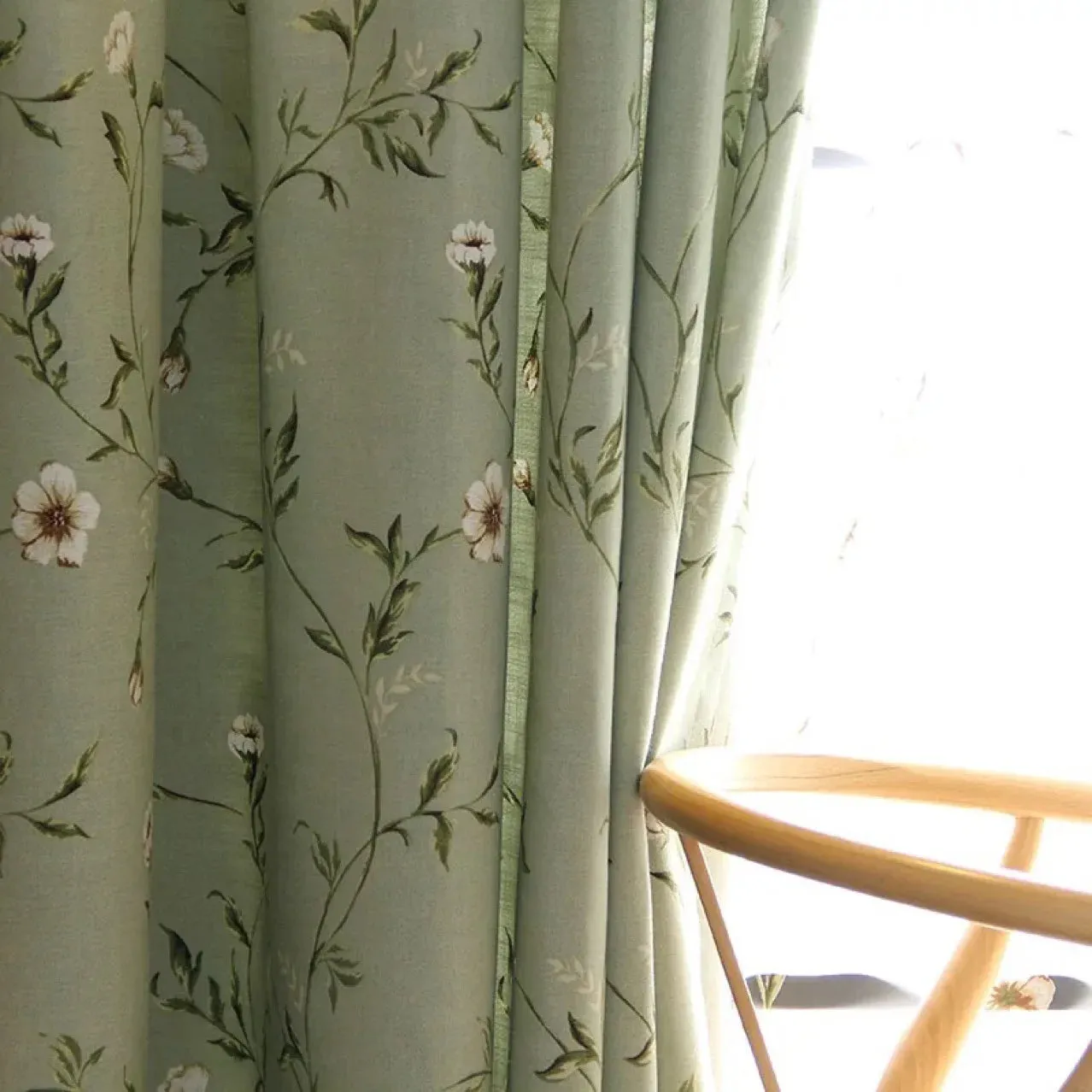 Green Flower and Bird Printed Cotton and Linen Curtains for Living Bedroom Dining Room Partition Curtains Balcony Customization