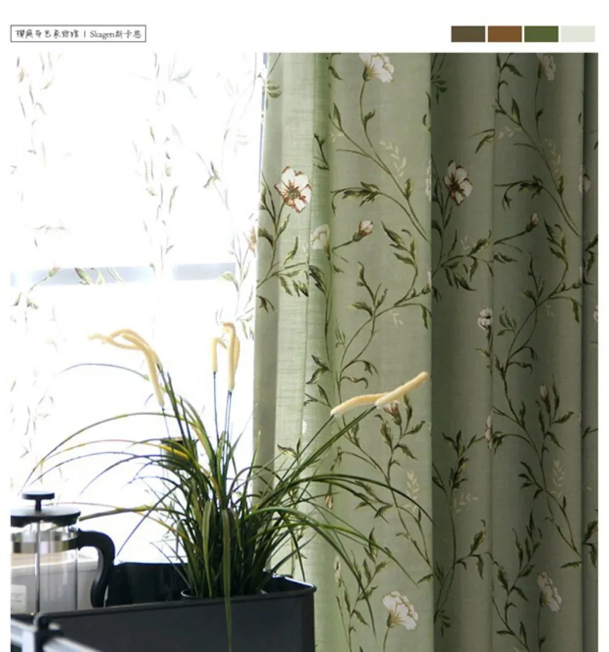 Green Flower and Bird Printed Cotton and Linen Curtains for Living Bedroom Dining Room Partition Curtains Balcony Customization