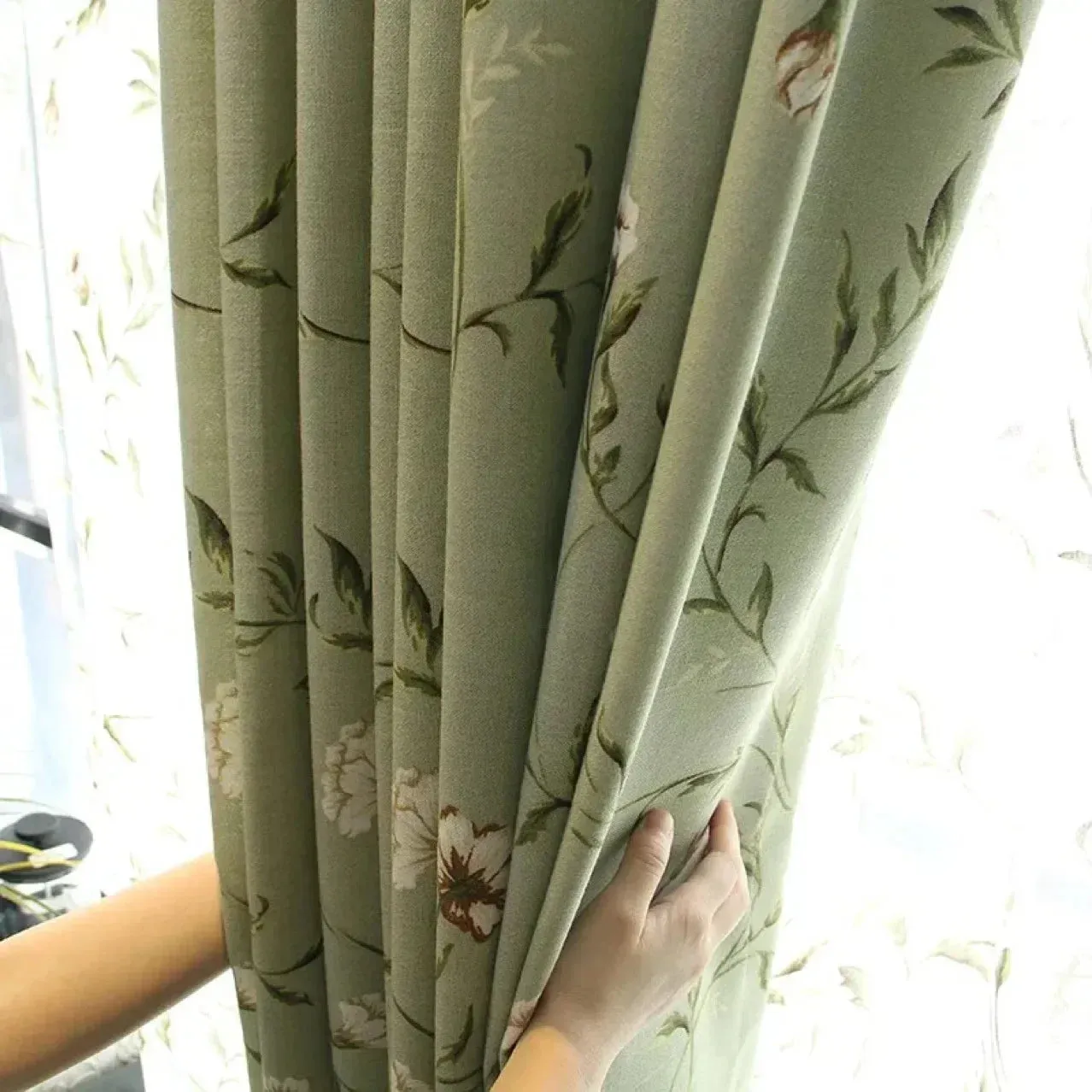 Green Flower and Bird Printed Cotton and Linen Curtains for Living Bedroom Dining Room Partition Curtains Balcony Customization