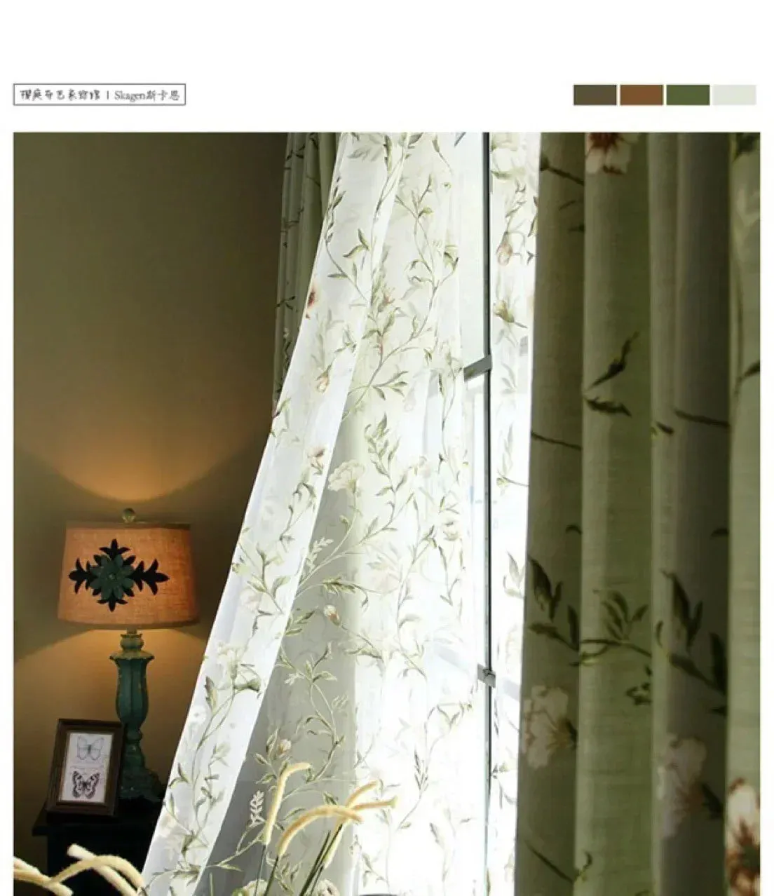 Green Flower and Bird Printed Cotton and Linen Curtains for Living Bedroom Dining Room Partition Curtains Balcony Customization