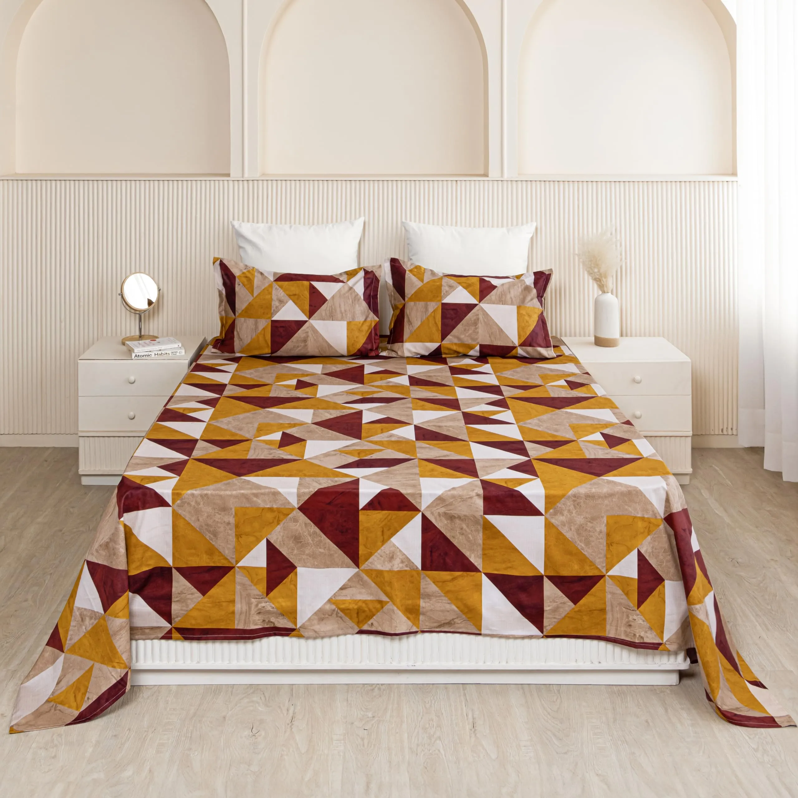 HOMEMONDE Geometric Printed 108 x 108 Inch Bedsheet with 2 Pillow Cover 210 TC Breathable Soft King Size Flat Bed Sheet - Red & Mustard