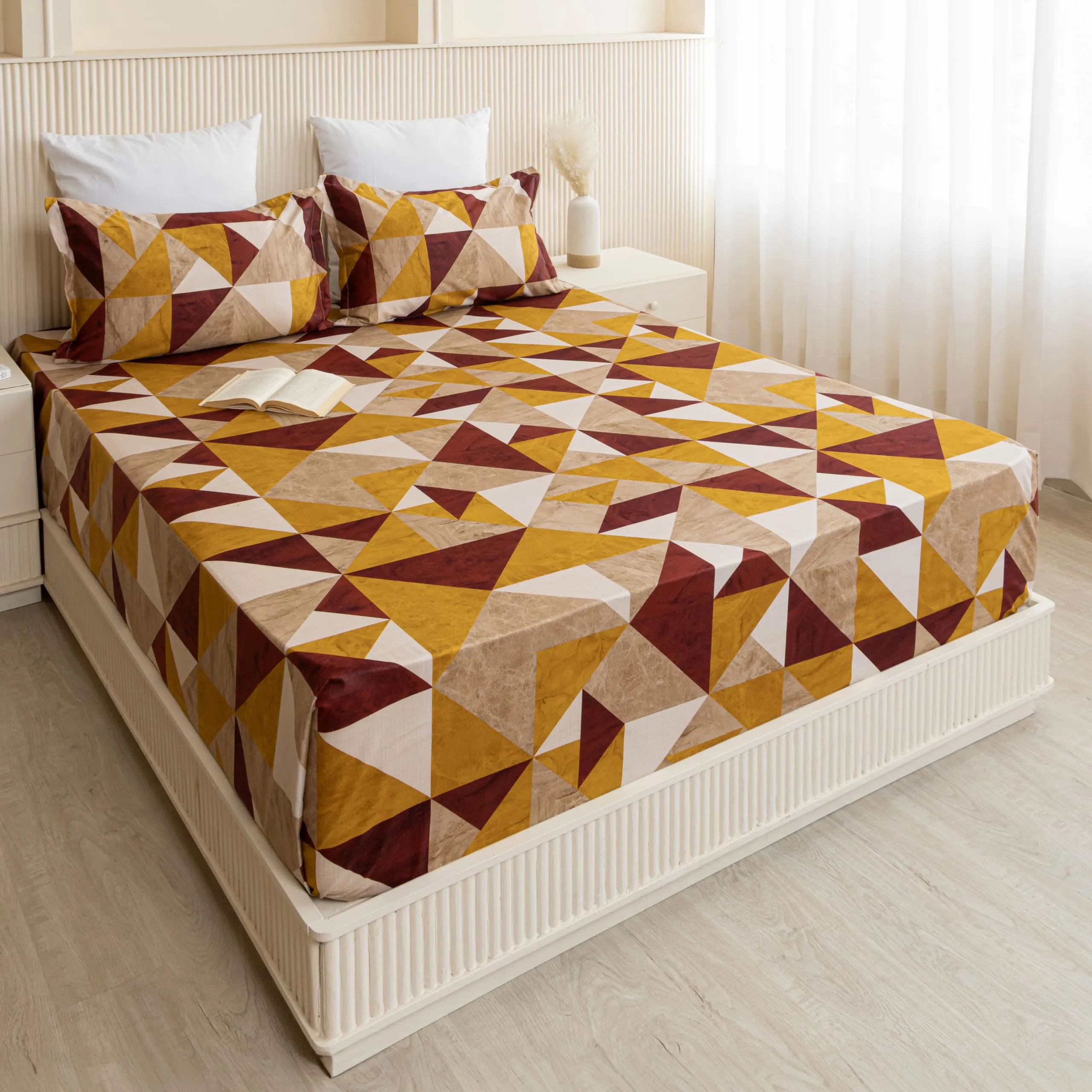 HOMEMONDE Geometric Printed 108 x 108 Inch Bedsheet with 2 Pillow Cover 210 TC Breathable Soft King Size Flat Bed Sheet - Red & Mustard