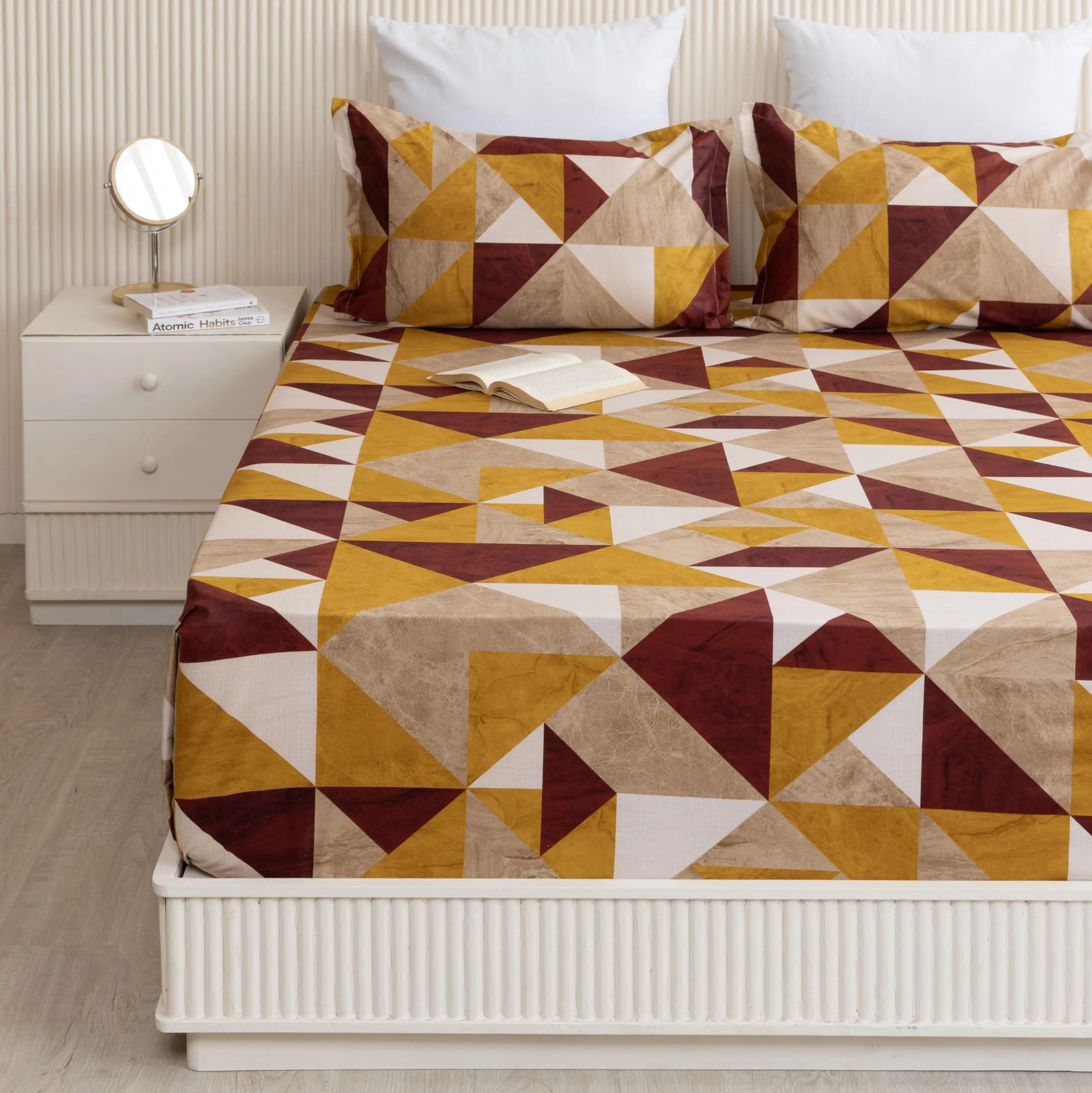 HOMEMONDE Geometric Printed 108 x 108 Inch Bedsheet with 2 Pillow Cover 210 TC Breathable Soft King Size Flat Bed Sheet - Red & Mustard