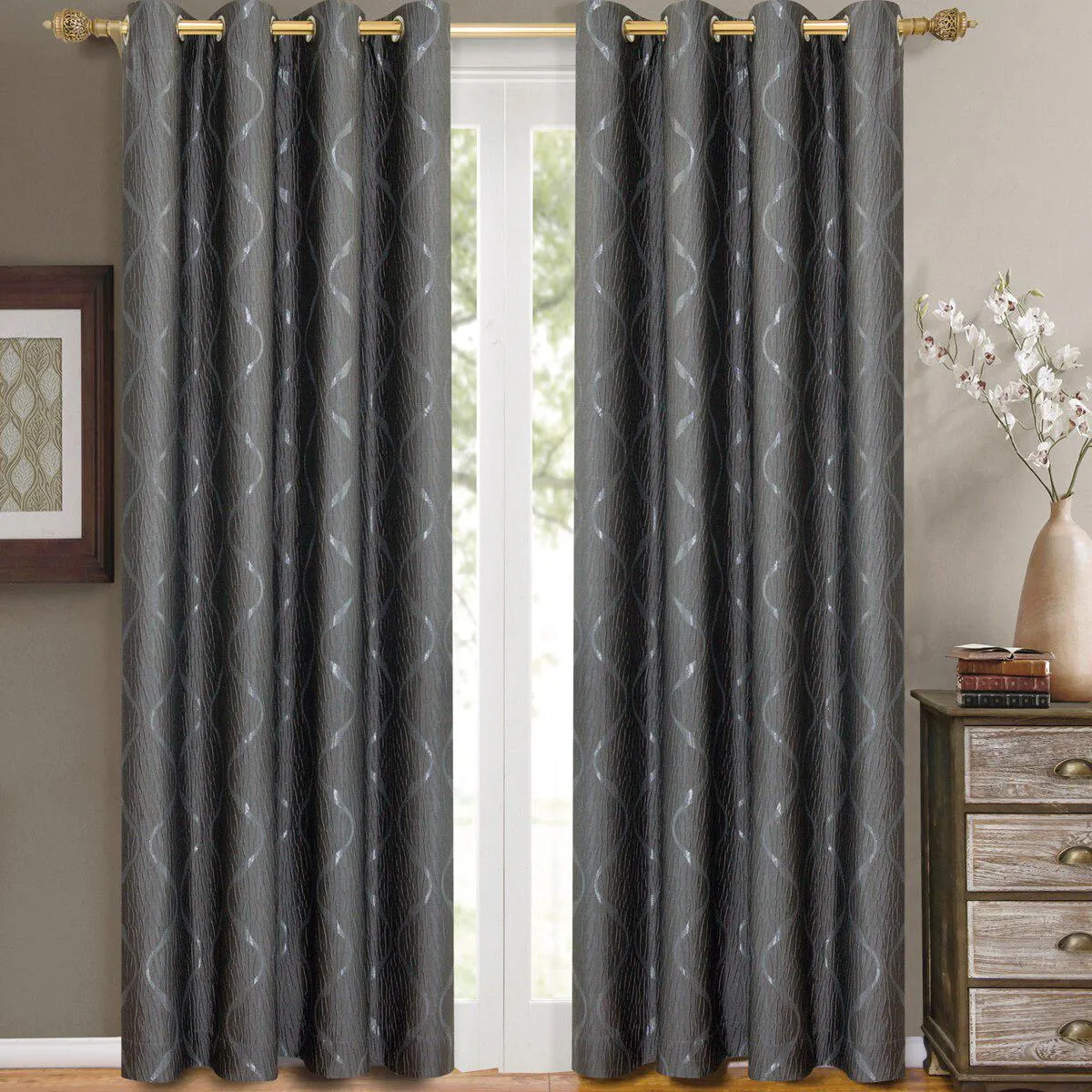 Laguna Contemporary Swirl Jacquard Curtain Panels With Top Grommets (Pair)