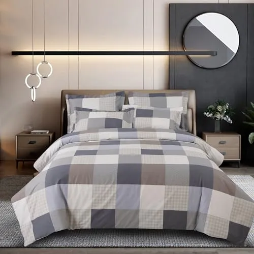 Malako Sion Beige and Blue Checks King Size Bedsheet with 2 Pillow Covers