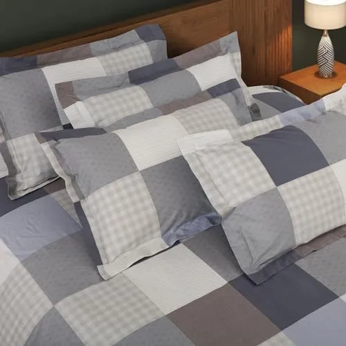 Malako Sion Beige and Blue Checks King Size Bedsheet with 2 Pillow Covers