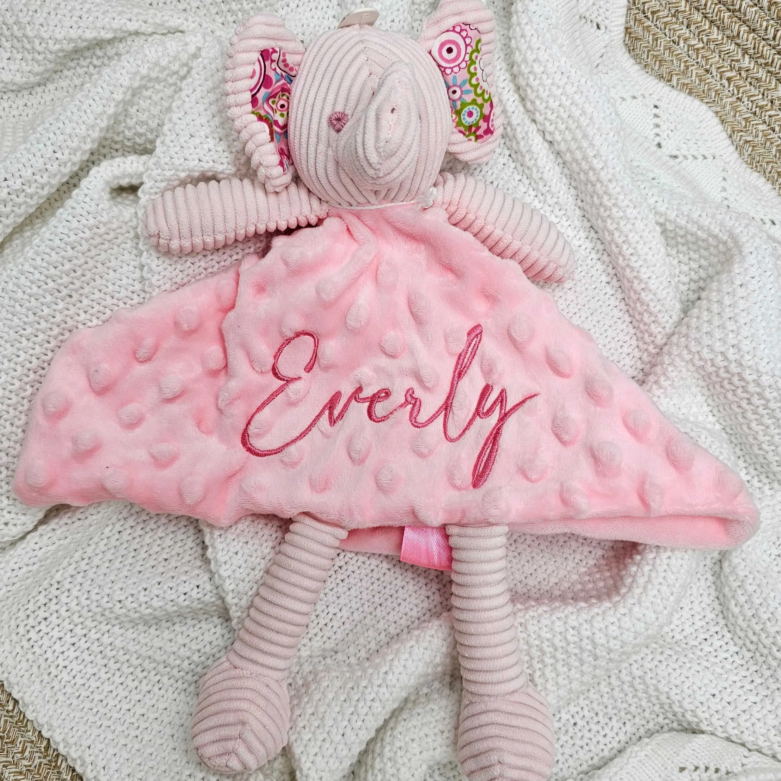 Minky Pink Elephant Personalised Baby Comforter