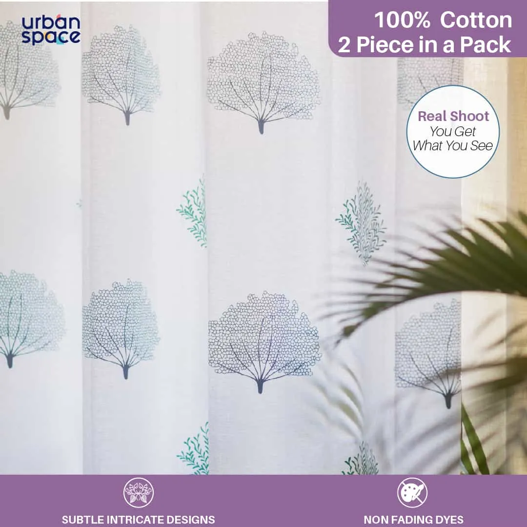 Premium Cotton Curtains - 100% Cotton Curtains, Autumn Tree, Green & Blue - Pack of 2 Curtains