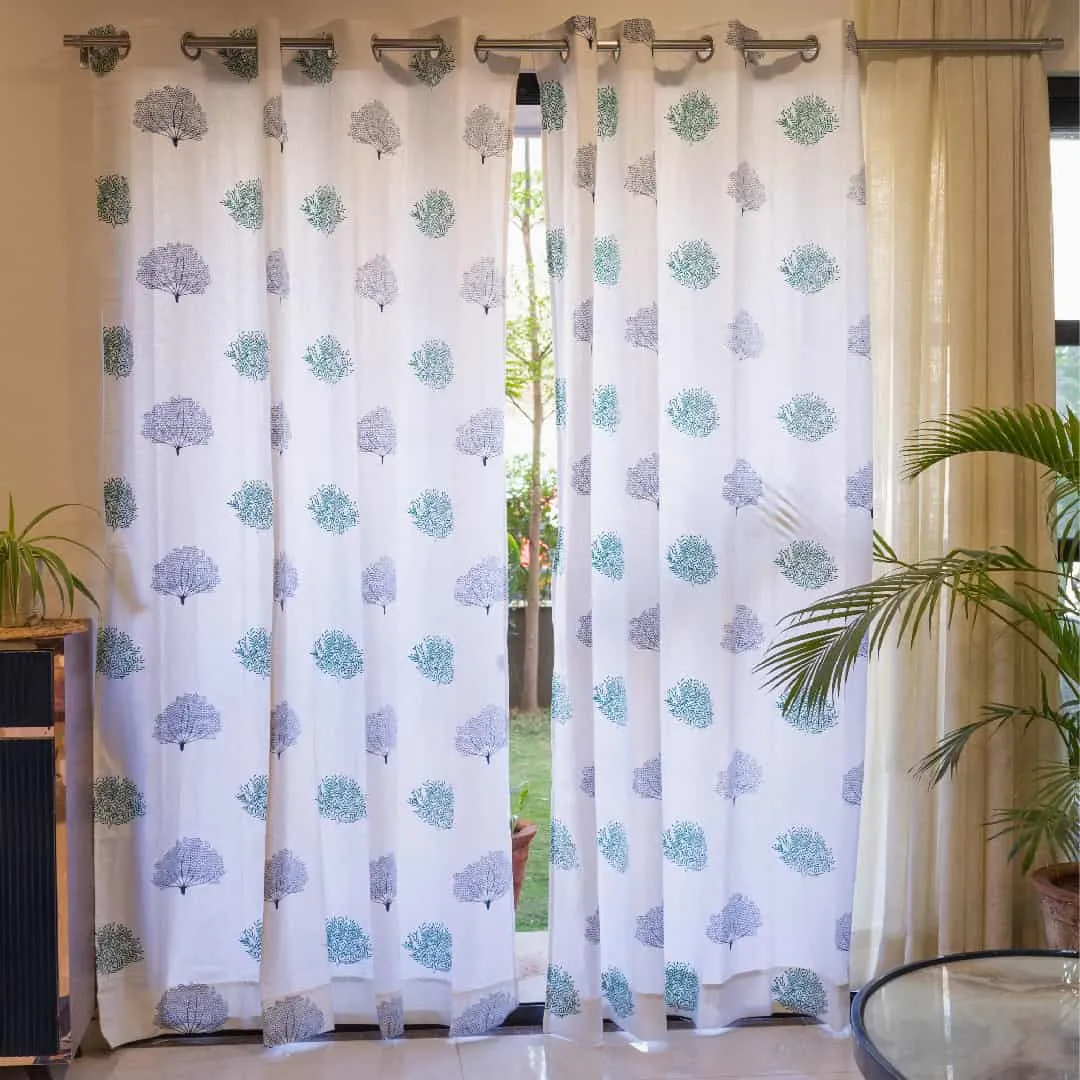 Premium Cotton Curtains - 100% Cotton Curtains, Autumn Tree, Green & Blue - Pack of 2 Curtains