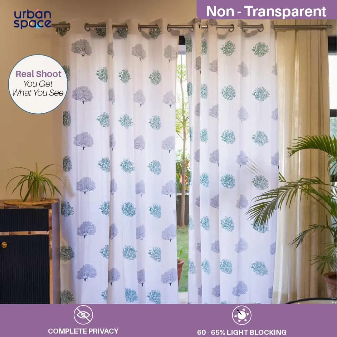 Premium Cotton Curtains - 100% Cotton Curtains, Autumn Tree, Green & Blue - Pack of 2 Curtains