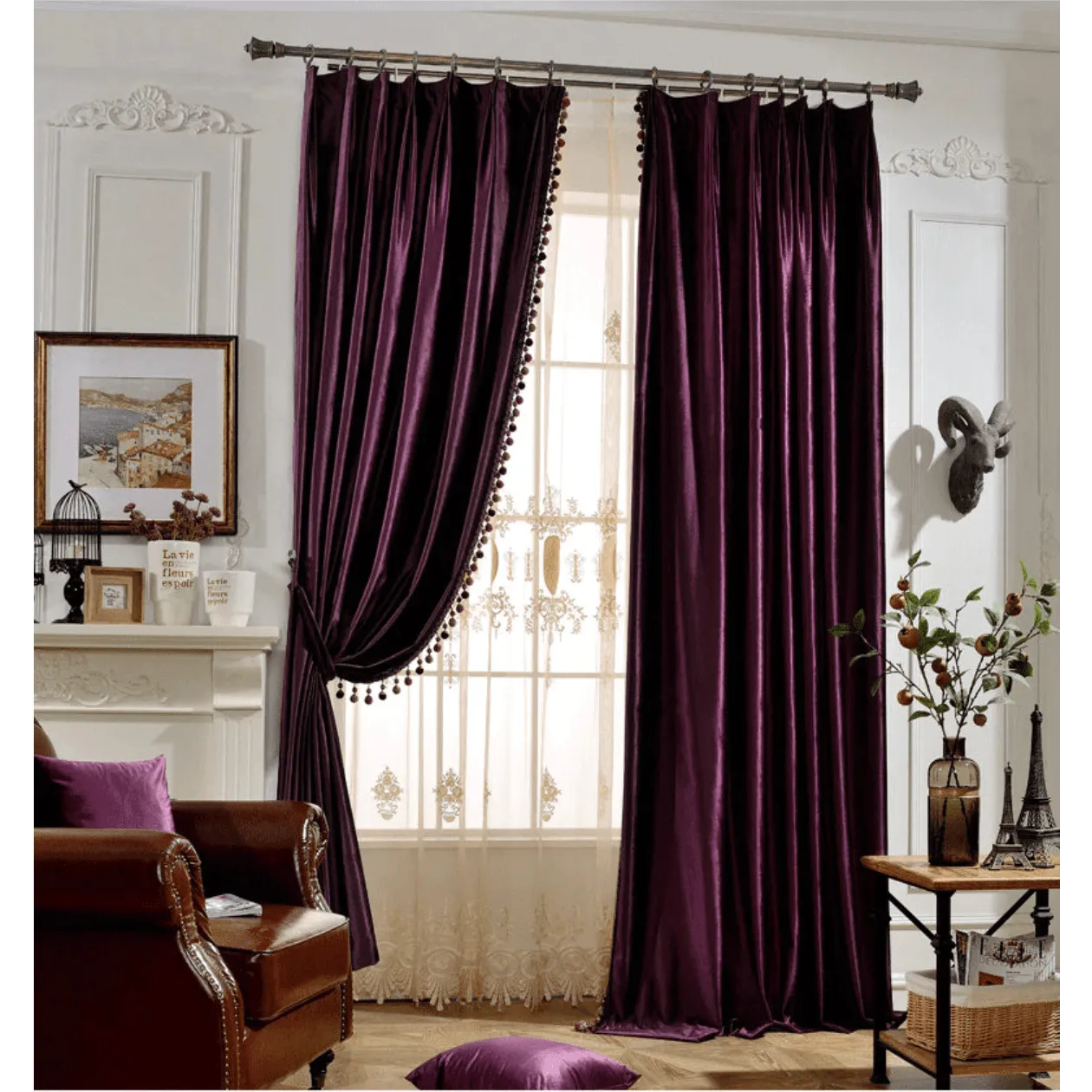 Rémy Luxury European Blackout Tassel Velvet Curtains - Purple