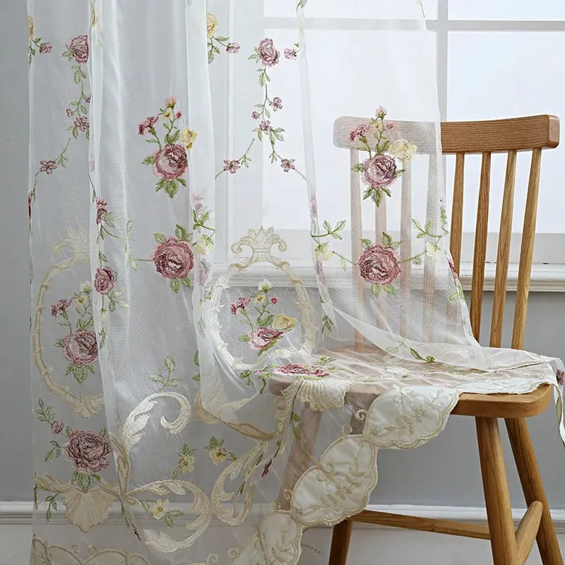 Rémy luxury pink floral embroidered sheer curtains - White